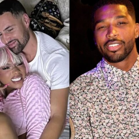 Split image: left shows a couple cuddling on a couch—woman with pink wig and fluffy ears, man smiling beside her; right shows a man in a pink floral shirt in low light.