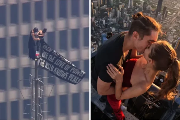 Left panel: two people on a tall rooftop hanging a banner above the city skyline.