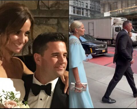 Left: smiling bride and groom close together at a wedding, the bride holding a bouquet of pink roses; right: a man in a dark suit walking on a city sidewalk beside a woman in a light blue gown carrying a silver clutch, with a truck and urban buildings in the background.
