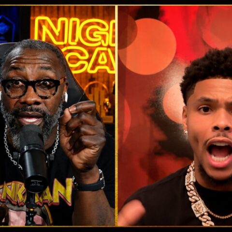 Split-screen showing a podcast host on the left, speaking into a mic with glasses and AirPods, NightCap signage in the background; right panel features a young man shouting, wearing a heavy chain necklace and earrings in a warm red backdrop.