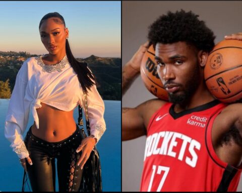 Split image: left side shows a woman posing by a pool at sunset in a knotted white blouse and silver necklace; right side shows a male basketball player in a red Rockets jersey with two basketballs on his shoulders.