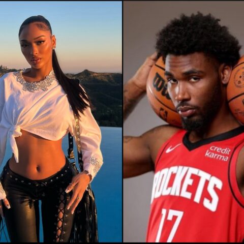 Split image: left side shows a woman posing by a pool at sunset in a knotted white blouse and silver necklace; right side shows a male basketball player in a red Rockets jersey with two basketballs on his shoulders.