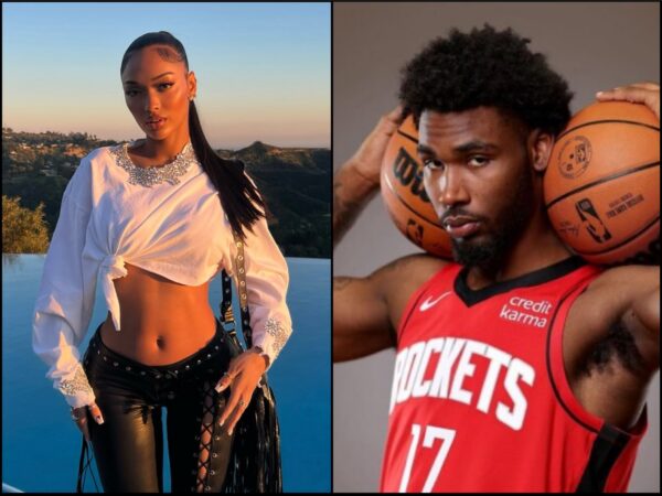 Split image: left side shows a woman posing by a pool at sunset in a knotted white blouse and silver necklace; right side shows a male basketball player in a red Rockets jersey with two basketballs on his shoulders.