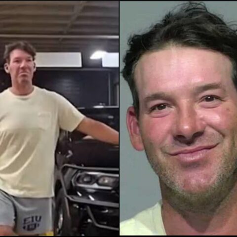Split image: man in a light T-shirt and shorts leaning on a car in a garage (left); close-up headshot of a smiling man with short dark hair (right).