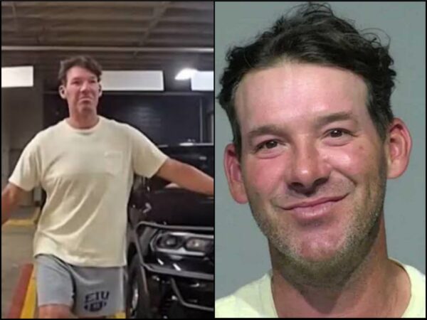 Split image: man in a light T-shirt and shorts leaning on a car in a garage (left); close-up headshot of a smiling man with short dark hair (right).
