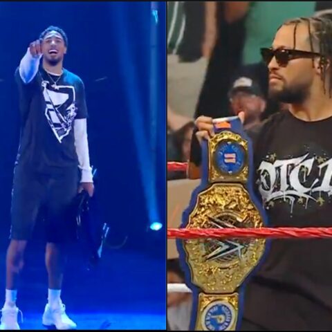 Two men at a wrestling show: left man on stage pointing to the audience, wearing a black tee, white sleeves, shorts and white sneakers; right man in sunglasses with a large championship belt.