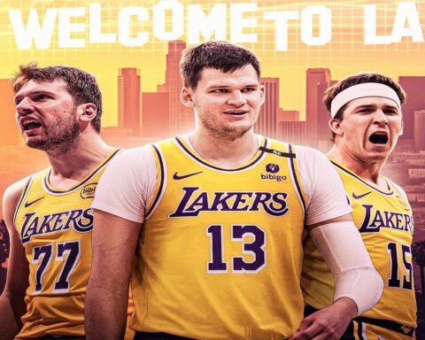 Three Los Angeles Lakers players in yellow jerseys (numbers 77, 13, and 15) stand in front of a city skyline with 'WELCOME TO LA' in bold white letters.