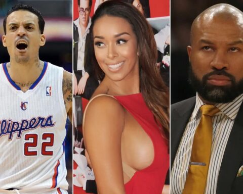 Collage of three people: left, basketball player in a Clippers jersey shouting; center, smiling woman in a red dress; right, bald man in a suit with a yellow tie.
