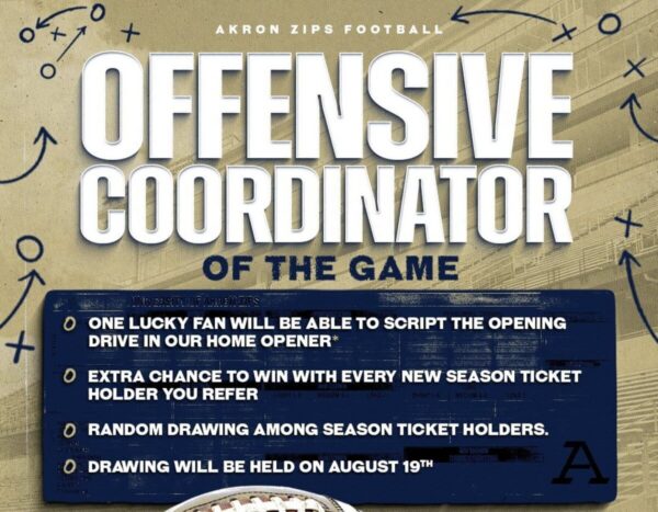 Poster announcing 'OFFENSIVE COORDINATOR OF THE GAME' for Akron Zips Football, detailing a contest where a fan can script the opening drive and win prizes.