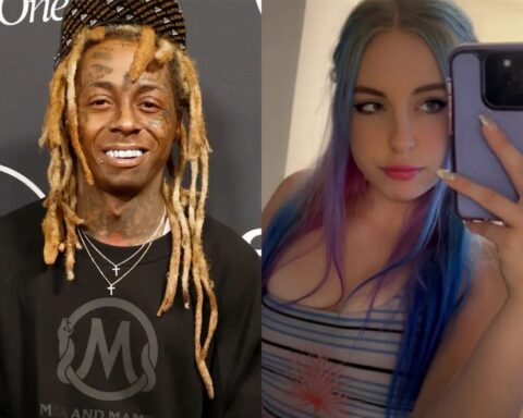 Split image: left a smiling man with blond dreadlocks and facial tattoos; right a woman with blue‑purple hair taking a mirror selfie with a purple phone.
