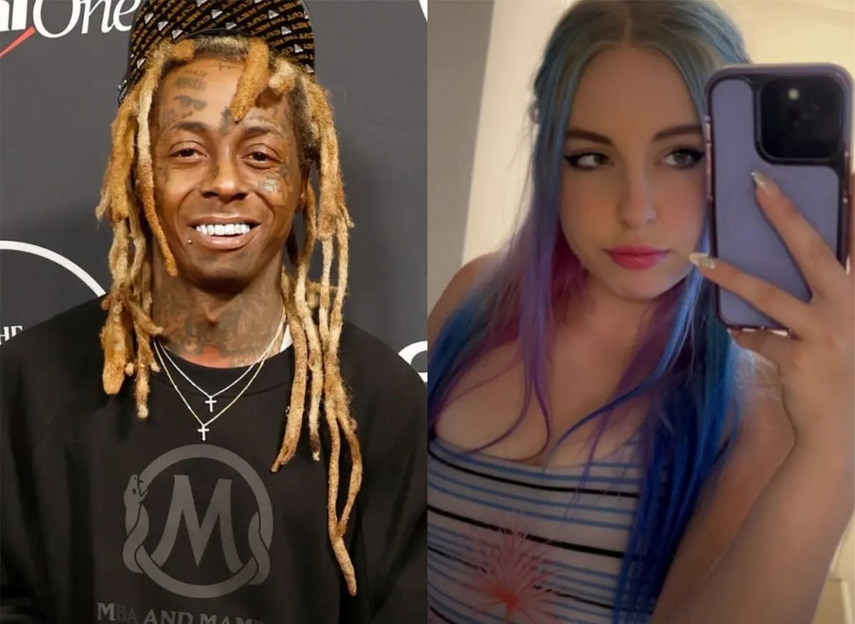 Split image: left a smiling man with blond dreadlocks and facial tattoos; right a woman with blue‑purple hair taking a mirror selfie with a purple phone.