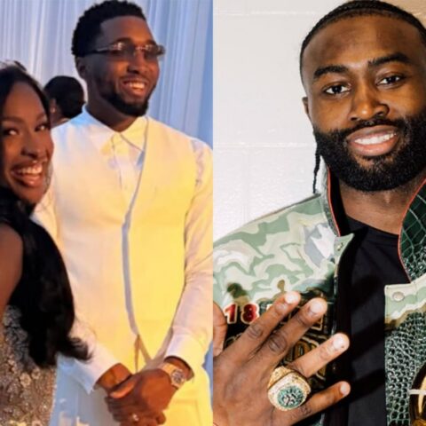 Split image: left side shows a smiling bride in an embellished gown and a man in a pale suit at a wedding. Right side shows a bearded man in a camo jacket posing with a trophy at an event.