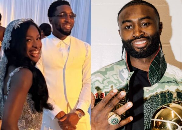 Split image: left side shows a smiling bride in an embellished gown and a man in a pale suit at a wedding. Right side shows a bearded man in a camo jacket posing with a trophy at an event.