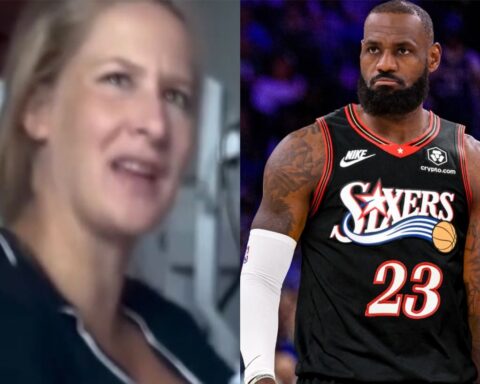 Split image: left shows a blurry woman indoors, right shows a muscular basketball player in a black Sixers jersey with the number 23 on a court.