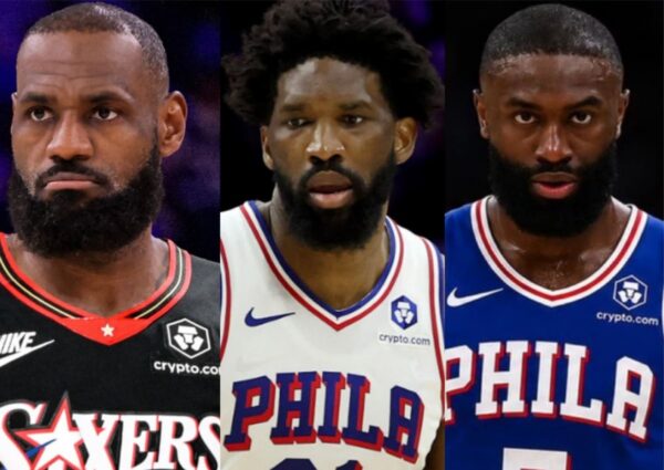 Three male basketball players with beards, wearing NBA jerseys: left in black Lakers uniform, center in white 76ers uniform, right in blue 76ers uniform, all with serious expressions.