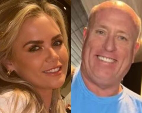 Split image of a smiling blonde woman on the left and a smiling man with light hair in a blue shirt on the right.