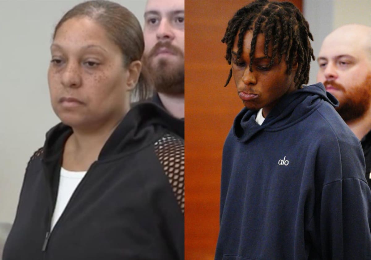Split image of two individuals in a courtroom setting: left is a woman with tied-back hair and freckles wearing a black jacket; right is a young man with dreadlocks in a navy hoodie, both looking downcast.