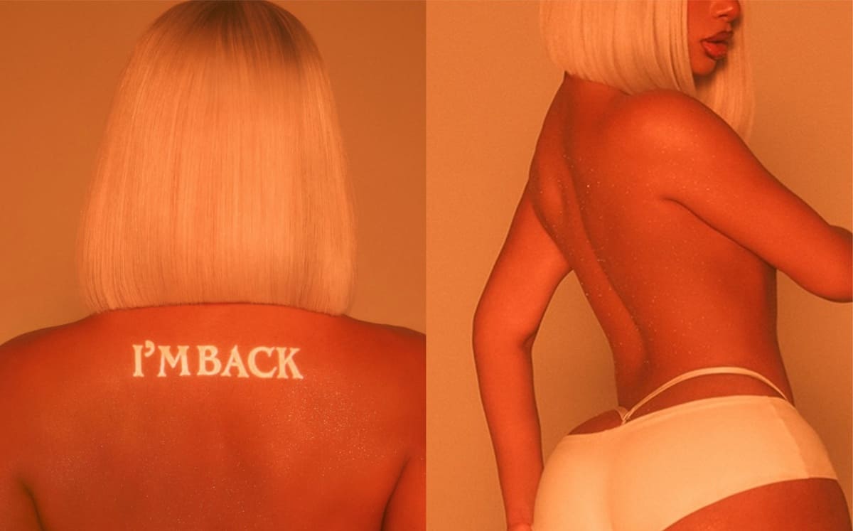 Two-panel image of a person with a platinum bob topless from behind on the left, with the words I'M BACK written across the upper back; the right panel shows a side profile of the same person wearing white underwear.