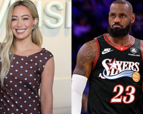 Collage of two people: on the left a smiling woman with long blonde hair wearing a brown polka-dot dress. on the right a muscular basketball player in a black Sixers jersey with the number 23 and a beard.