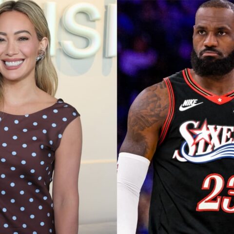 Collage of two people: on the left a smiling woman with long blonde hair wearing a brown polka-dot dress. on the right a muscular basketball player in a black Sixers jersey with the number 23 and a beard.