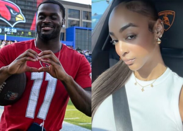 Left: smiling man in a red football jersey forms a heart with his hands at a stadium. Right: woman in a white top wearing a seatbelt inside a car, looking at the camera.