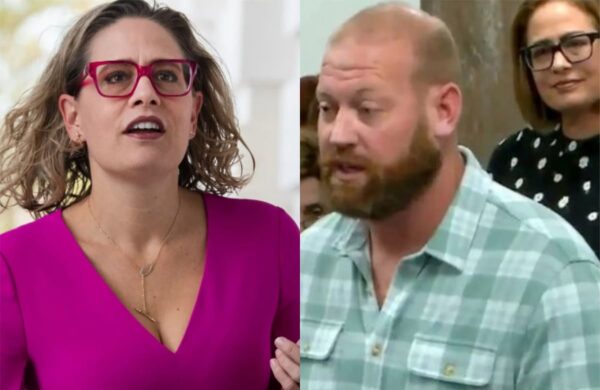 Split image: left shows a woman in a bright magenta top and red glasses speaking; right shows a bearded man in a green plaid shirt talking, with others in the background.