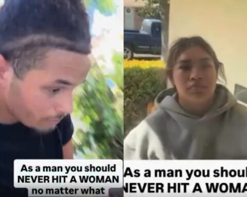 Split-screen image of a man on the left and a woman on the right, with bold captions about never hitting a woman.