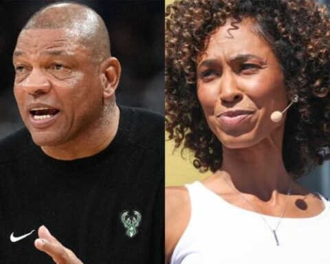 Split image: man speaking on the left, woman with a headset mic on the right.