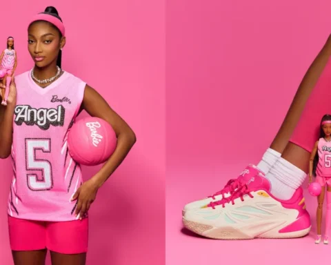 Girl in a pink basketball jersey and shorts holds a Barbie doll and a pink ball against a pink background.