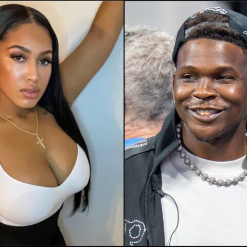 Split-image collage: left — woman in white top posing for camera with necklace; right — smiling man wearing a cap, beaded necklace, and a USA shirt.