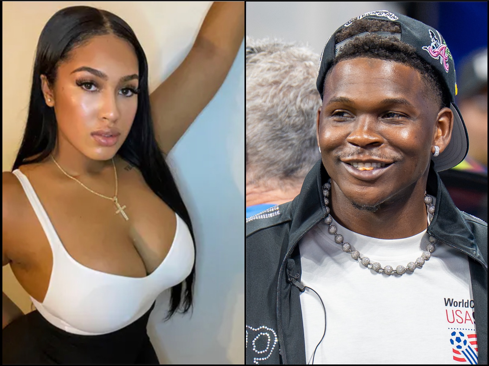 Split-image collage: left — woman in white top posing for camera with necklace; right — smiling man wearing a cap, beaded necklace, and a USA shirt.