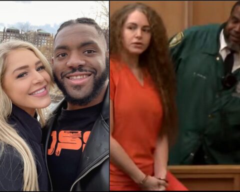 Split image: left side shows a smiling couple taking a selfie outdoors with buildings in the background; right side shows a woman in an orange jumpsuit seated in a courtroom beside a man in a green uniform.