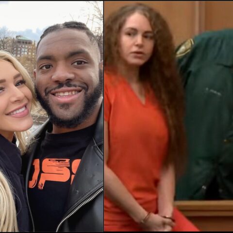 Split image: left side shows a smiling couple taking a selfie outdoors with buildings in the background; right side shows a woman in an orange jumpsuit seated in a courtroom beside a man in a green uniform.