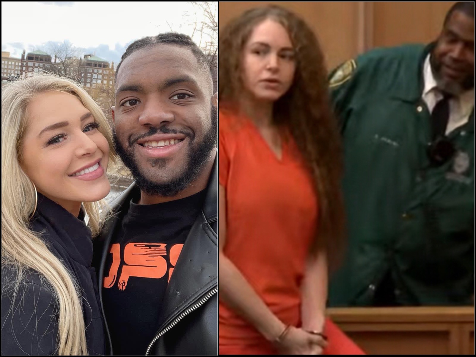 Split image: left side shows a smiling couple taking a selfie outdoors with buildings in the background; right side shows a woman in an orange jumpsuit seated in a courtroom beside a man in a green uniform.