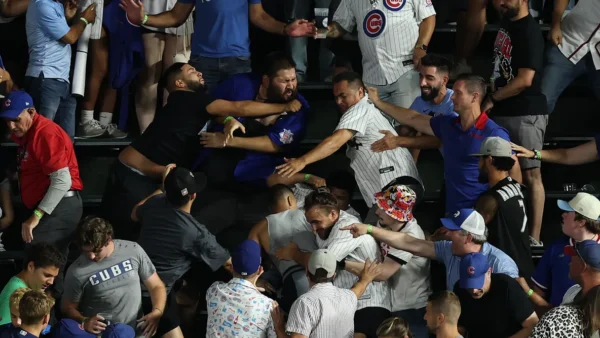 Crowded baseball stadium stands with Cubs fans grabbing and pushing at each other in a chaotic moment, many wearing Cubs jerseys and hats.