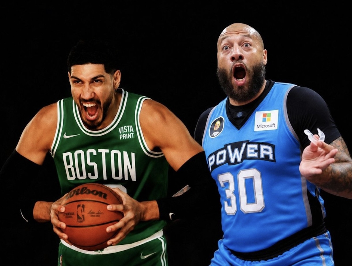 Two basketball players in green Boston and blue Power uniforms sprint during a game, one holding a basketball with a tense expression.