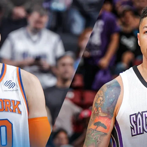 Two NBA players split by a diagonal line: Knicks guard #00 on the left and Kings guard #35 on the right, with Yahoo Sports Daily branding in the foreground.
