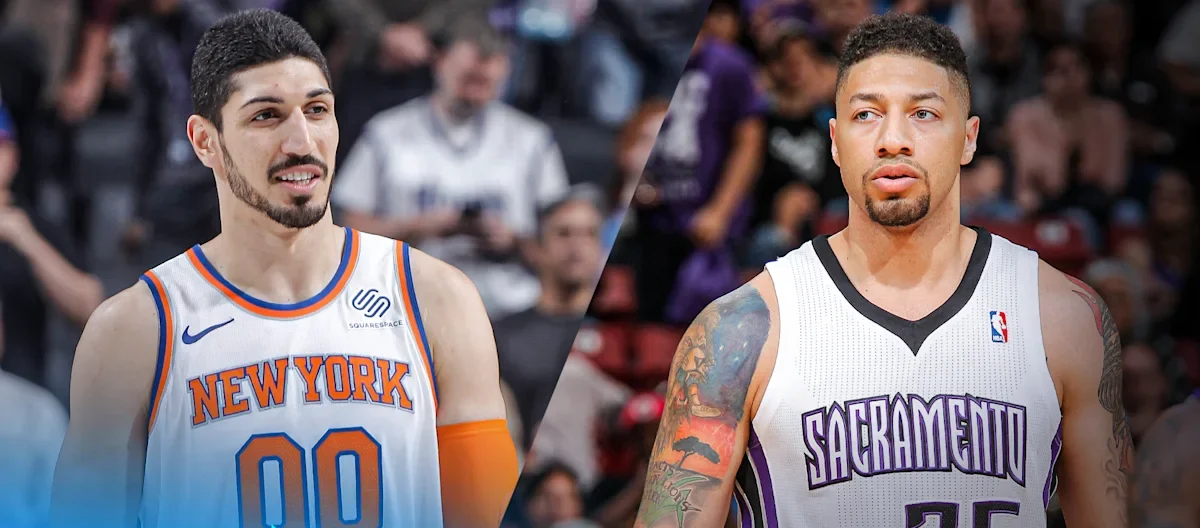 Two NBA players split by a diagonal line: Knicks guard #00 on the left and Kings guard #35 on the right, with Yahoo Sports Daily branding in the foreground.