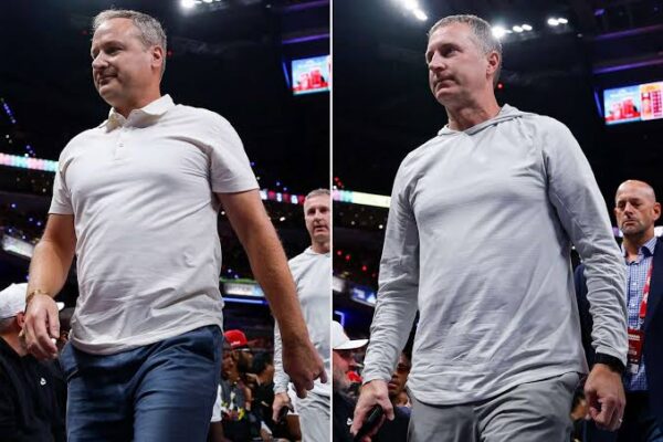 Man walking through a crowded sports arena, wearing a white polo shirt (left panel)./image shows him in a casual white polo among spectators on the left panel, and in a light gray long-sleeve shirt on the right panel.