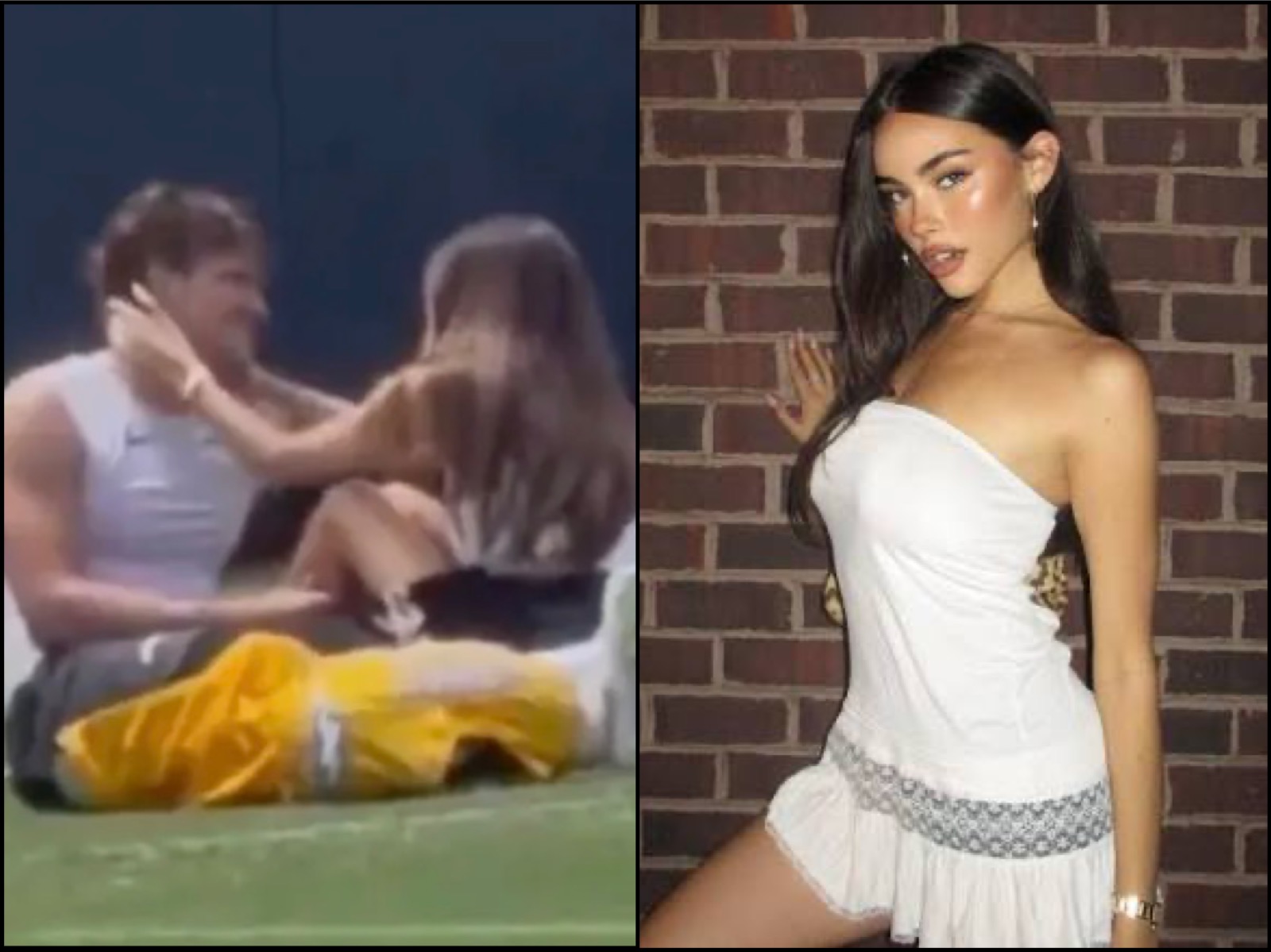 Two-panel collage: left panel shows a couple dancing on grass, man in a white sleeveless shirt and a woman facing him; right panel shows a woman in a white one-shoulder dress posing against a brick wall.