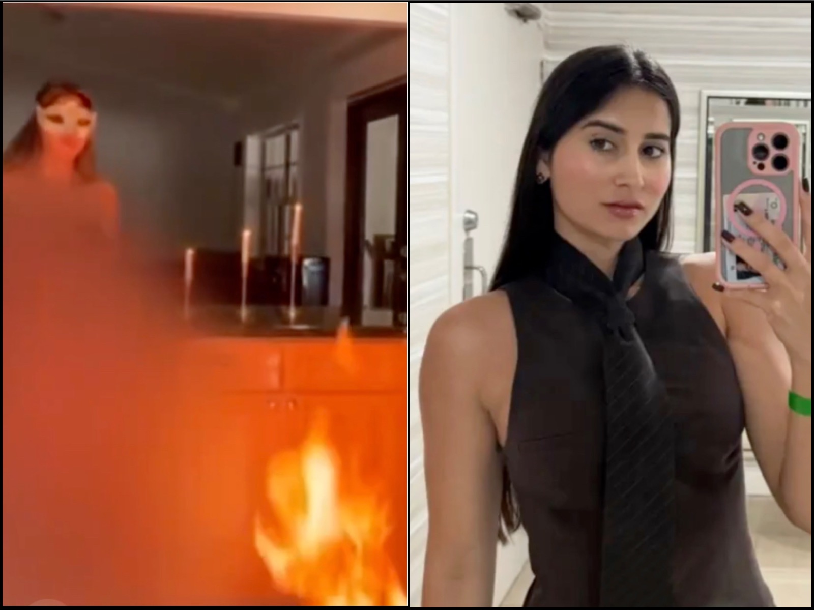 Split-screen: left shows a person surrounded by bright orange flames in a dim room; right shows a woman taking a mirror selfie with a pink phone, wearing a dark sleeveless top.