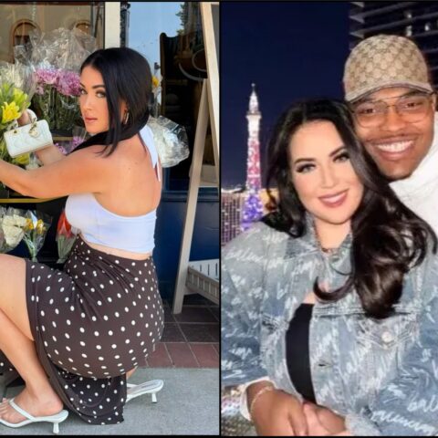 Panel 1: Woman with black hair in a white halter top and polka-dot skirt crouches by a flower display outside a shop, holding a small white purse. Panel 2: Smiling couple posing at night with city lights and a tall tower in the background.