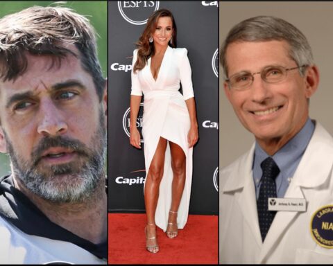 Collage of three people: left close-up of a bearded man looking away; center woman in a white gown posing on a red carpet; right smiling man in a lab coat with a badge.